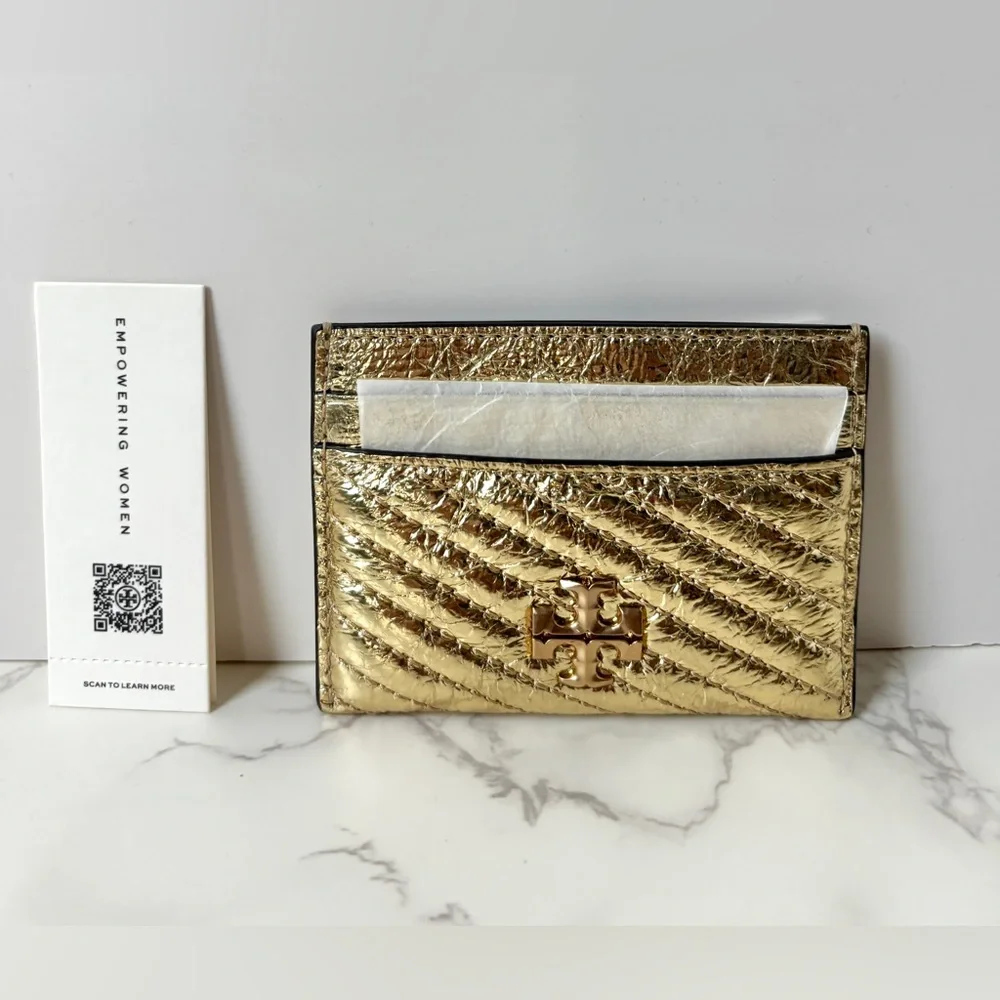 New Tory Burch Kira Metallic Crinkled Leather Gold Card Case
